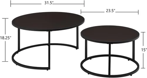 Vista 2 de 24KF Moderna mesa de centro redonda de piel sintética con base de metal negro, mesa de té decorativa para sala de estar, juego de 2, color marrón
