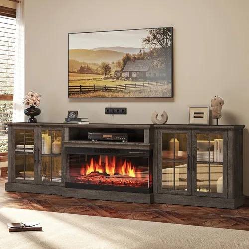 Vista 13 de Mueble de TV de estilo granja de 98" con chimenea de 36" para televisores de hasta 100", centro de entretenimiento multimedia con estantes 2-Blanco