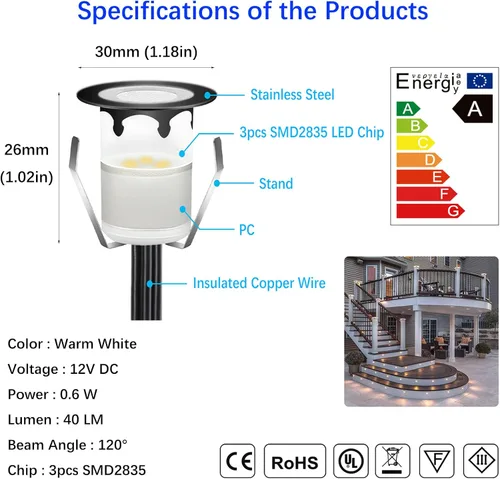 Vista 3 de Luces LED para terraza al aire libre con fotocélula blanca cálida Φ1.18 pulgadas, bajo voltaje, 12 V CC, IP67, impermeable, eléctrica, con cable