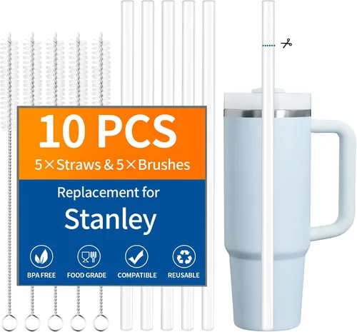 Vista 9 de Paquete de 10 popotes de repuesto para Stanley Quencher de 14/20 onzas, paquete de 6 popotes reutilizables de plástico transparente con 4 cepillos