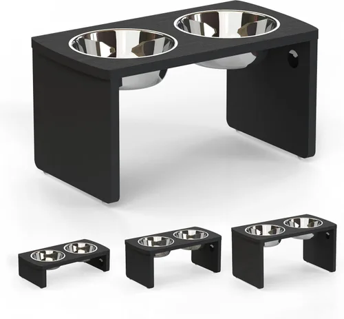 Vista 8 de Cuencos elevados para perros, cuenco elevado de bambú para perros y gatos pequeños, con 2 cuencos de acero inoxidable