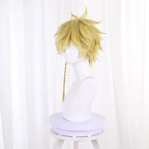 Vista 4 de Peluca de anime Jigokuraku para adultos y niños, Hell's Paradise Aza Choubei Cosplay corto frito masa torcidos trenza, pelo amarillo dorado, pelucas