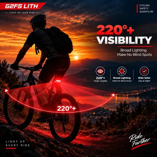 Vista 5 de Luz trasera de bicicleta recargable, IPX6 impermeable 220 amplia visibleSafety modo linterna carretera montaña paseo nocturno