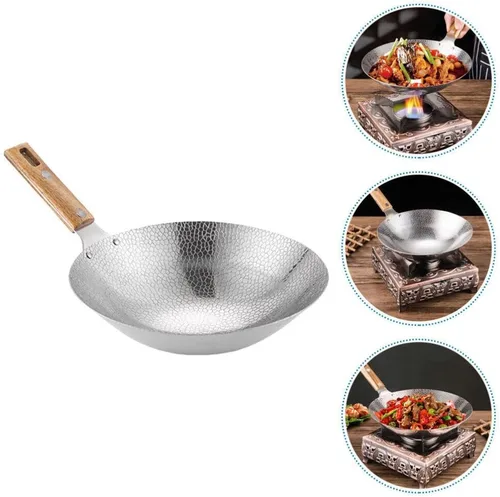 Vista 9 de Luxshiny Wok de acero inoxidable de 13.38 pulgadas con mango de madera, sartén de cocina para el hogar para freír vapor y olla caliente utensilios