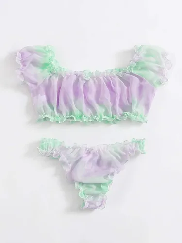 Vista 2 de WDIRARA Conjunto de lencería sexy de dos piezas con ribete de volantes y lunares para mujer