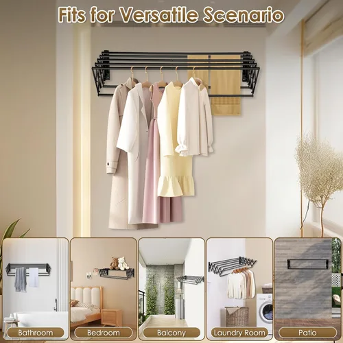 Vista 7 de XL-31.5'' Tendedero de Ropa Montado en la Pared, 130 lbs Gran Capacidad Antioxidante Retráctil Plegable Tendedero Fácil Instalación con 7 Varillas