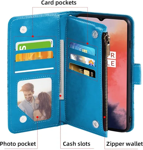 Vista 3 de Asuwish Funda de teléfono para OnePlus 7 6T Wallet Cell Cover con protector de pantalla con correa para la muñeca Mandala Flower Card Holder
