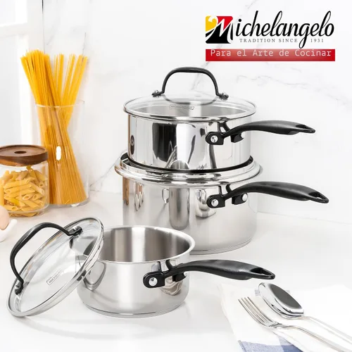 Vista 7 de MICHELANGELO Cacerola de acero inoxidable de tres capas con tapa, 6 unidades, sartenes de acero inoxidable con mango frío, juego de 6 ollas
