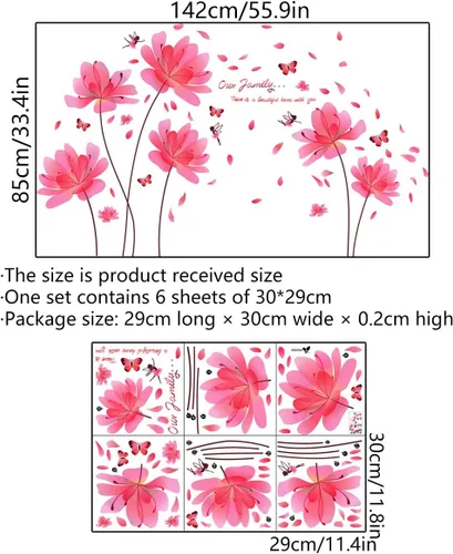 Vista 7 de Calcomanías de pared de flores y mariposas para adultos, calcomanías de pared de flores rosas para decoración de dormitorio de niñas, decoración