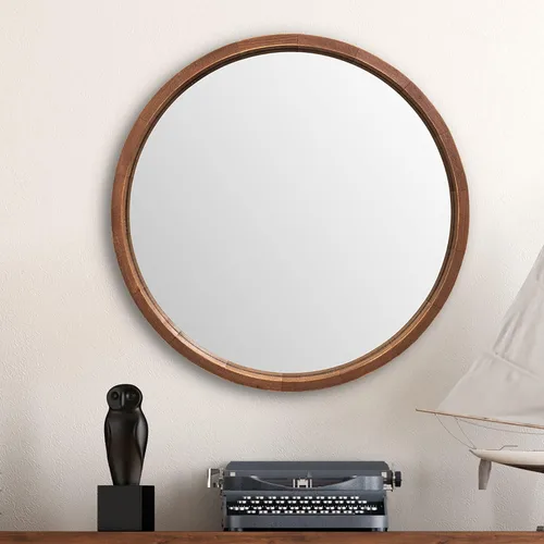 Vista 7 de LYYYXGYP Espejo redondo de madera de 24 pulgadas, espejo de pared de granja con marco de madera, espejo circular marrón para baño Espejo de baño