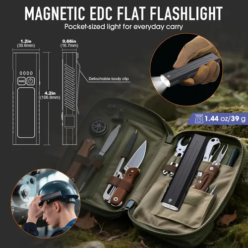 Vista 6 de Hoxida Linterna EDC recargable de alto lúmenes, mini linterna de bolsillo con botón estroboscópico táctico, linterna plana pequeña EDC magnética