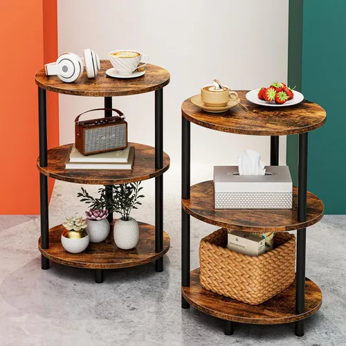 Vista 21 de Mesa auxiliar redonda pequeña, mesa decorativa ovalada de 3 niveles para espacios pequeños, mesita de noche de madera rústica y metal para sala