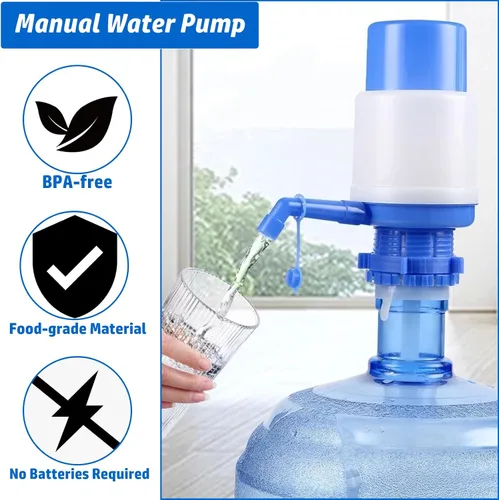 Vista 4 de Bomba de agua manual portátil azul para botella de 5 galones, dispensador de jarra de agua, bomba de agua potable con un tubo extra corto y tapa