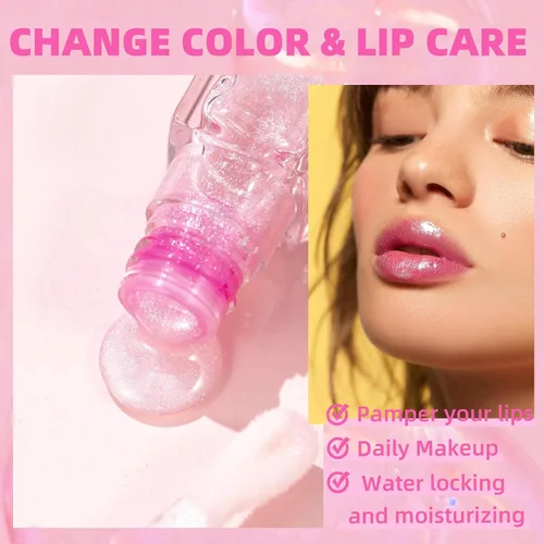 Vista 2 de 2 Piezas Aceite de Brillo Labial Hidratante Mágico que Cambia de Color con Efecto Voluminizador, Lápiz Labial de Brillo Resplandeciente, Brillo