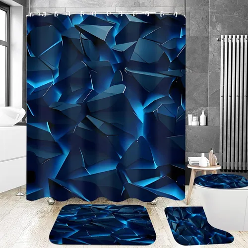 Vista 14 de Yizheer - Juego de cortina de ducha de 4 piezas con diseño geométrico y de color azul, moderno, para el baño, con 12 ganchos, tapete para la bañera