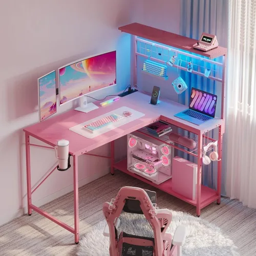 Vista 11 de Bestier Escritorio de juegos en forma de L de 42 pulgadas, escritorio para computadora con tomas de corriente y luz LED, escritorio reversible