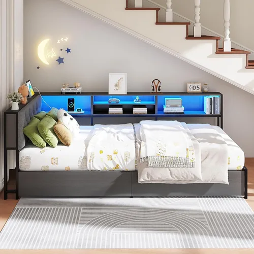 Vista 2 de Marco de cama de esquina tamaño twin con estante de almacenamiento y cabecero, cama de plataforma de esquina con luces LED y estación de carga, cama