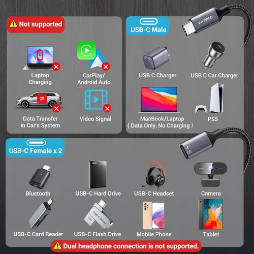 Vista 4 de KiwiBird Divisor USB C de carga de 1 en 2 salidas, cable de extensión y divisor de datos de alimentación USBC, tipo C macho a puerto USB C hembra