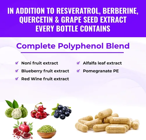 Vista 3 de Suplemento de resveratrol con quercetina, berberina, extracto de semilla de uva y mezcla de polifenoles para la salud de la piel, apoyo inmunológico