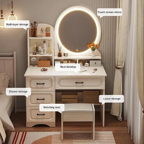 Vista 7 de Escritorio de maquillaje con espejo y luces, moderno escritorio de maquillaje para dormitorio, con mucho almacenamiento, 3 modos de iluminación