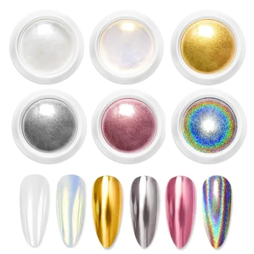 Vista 11 de Polvo de uñas cromado y perla - 【Efecto de hada】Polvo de uñas cromado rosa, blanco, aurora, amarillo, sirena, iridiscente, polvo cromado, espejo