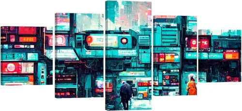 Vista 43 de Lienzo decorativo para pared, diseño de ciudad futurista Cyberpunk para sala de estar, impresión multipanel, obra de arte de cocina, pintura