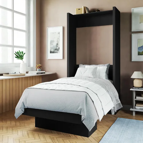Vista 2 de Cama de pared Murphy Twin de fácil elevación en color negro con estante