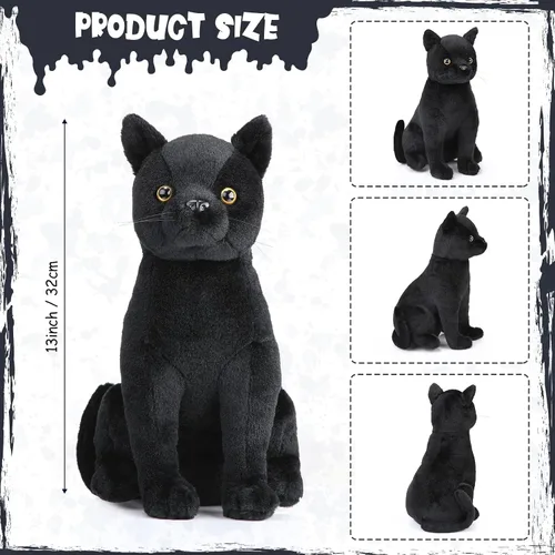 Vista 2 de HyDren Peluche de gato negro de Halloween de 13 pulgadas, animal de peluche realista de gato suave y lindo, almohada de juguete, regalos para niños