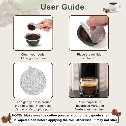 Vista 3 de Clinuse Tapas de aluminio con sellos para cápsulas Nespresso Vertuo, 100 piezas reutilizables, compatibles con Nespresso Vertuoline Vertuo
