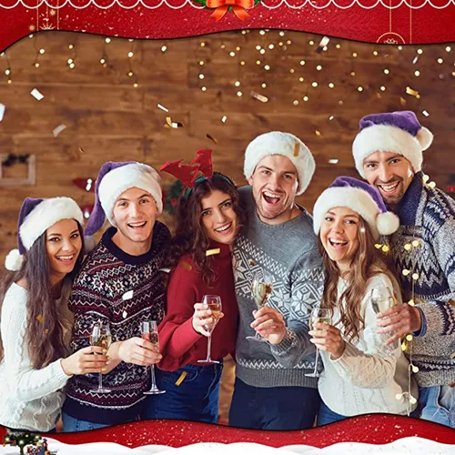 Vista 5 de Sombrero de Navidad de Papá Noel morado de felpa para adultos, sombrero de Navidad de terciopelo morado de felpa para mujeres y hombres, suministros