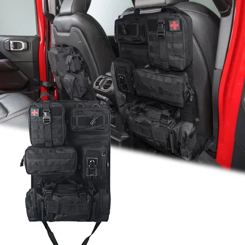 Vista 15 de Organizador táctico universal para respaldo de asiento, panel Molle para vehículo, bolsa de almacenamiento con 5 bolsas Molle desmontables