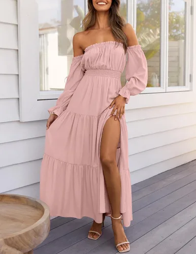 Vista 50 de ZESICA - Vestido largo, bohemio y sexy, con hombros descubiertos y manga larga fruncida, con elástico fruncido, cintura alta y abertura lateral
