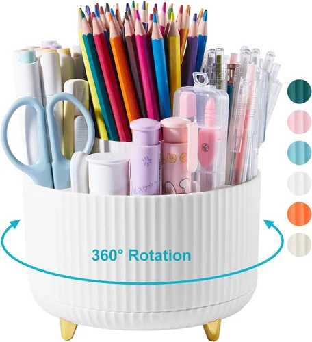Vista 13 de Organizador de escritorio para lápices y bolígrafos, 5 ranuras, rotación de 360 grados, organizadores de escritorio para lápices y bolígrafos