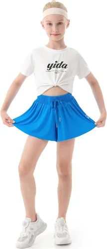 Vista 5 de PUPIU Pantalones cortos atléticos fluidos para niñas, pantalones cortos deportivos de mariposa, pantalones cortos de verano, ropa de preparación