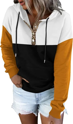 Vista 2 de Etcyy - Sudadera con capucha y bloques de color para mujer - Sudadera de manga larga casual con cordón de ajuste, botones y bolsillo