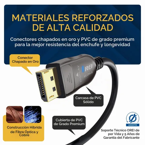 Vista 5 de OREI Cable AOC DisplayPort 2.0 8K de 50 pies - 54 Gbps, 8K a 120 Hz, 4K a