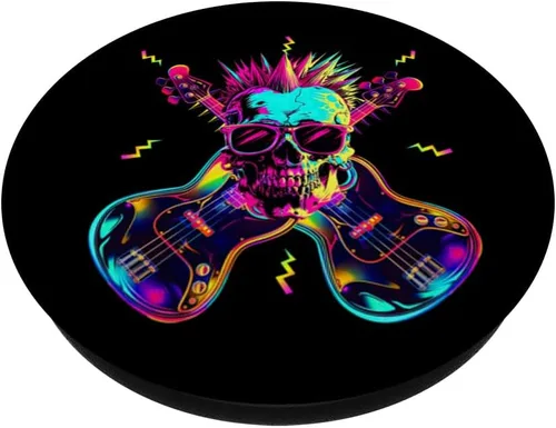 Vista 2 de Streetwear Synthwave 80s 90s skull rock music bass guitar PopSockets Adhesive PopGrip