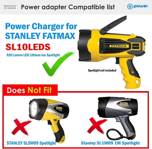Vista 2 de T POWER Cargador para Stanley Fatmax SL10LEDSL SL10LEDL SL1M09 SL5W09 10 Watt Li-ION LED Foco recargable AC DC adaptador fuente de alimentación
