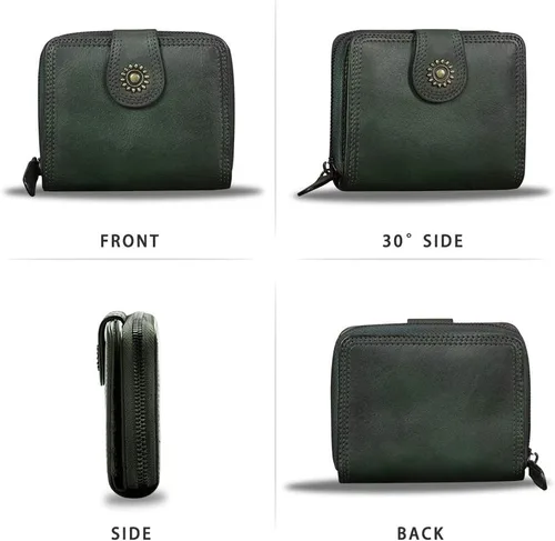 Vista 5 de Billeteras de cuero plegables para mujer, estilo vintage, hechas a mano, pequeño, con cremallera, Verdeoscuro, Billetera plegable