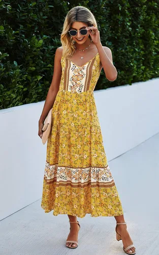 Vista 5 de Angashion - Vestido largo, diseño floral, ajustable con tirantes delgados, cuello en V, bohemio, para verano, playa, étnico y holgado, para mujer