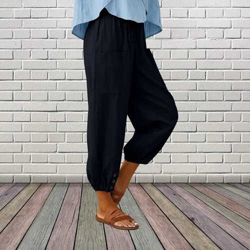 Vista 5 de ZQFFB Capri Pants for Women Casual Summer Linen Capris Elastic Waist Crop Pants with Drawstring