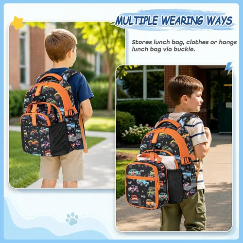 Vista 6 de Mochila infantil para niñas de 4 a 8 años, Blackorange-camión, Lindo