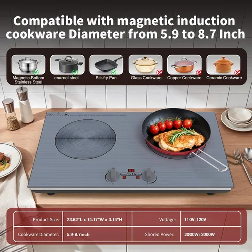 Vista 4 de GIHETKUT Placa de inducción de 2 quemadores, placa de inducción de 110 V 4000 W con panel cepillado, control de perilla, 9 niveles de potencia