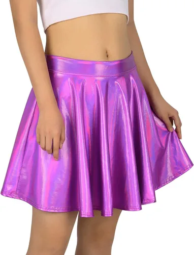Vista 12 de HDE Falda acampanada plisada para mujer, estilo casual, metálica, acampanada, para patinadora Negro