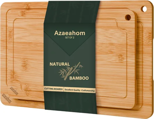 Vista 14 de Tablas de cortar de bambú para cocina, juego de tablas de cortar de madera con ranuras para jugos y asas incorporadas, fácil almacenamiento