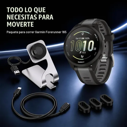 Vista 2 de Garmin 010-02863-20 Forerunner 165 - Reloj deportivo inteligente, color negro + gris pizarra con base de carga Deco Essentials, 3 cubiertas
