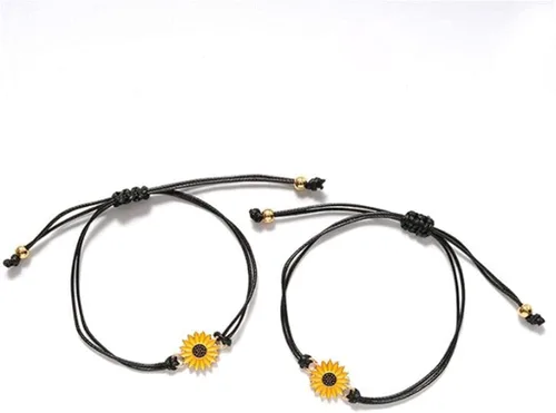 Vista 6 de Juego de 2 pulseras de girasol con diseño de girasol, estilo bohemio, para parejas, mejores amigas, mujeres, niñas, cuerda negra y tarjeta blanca