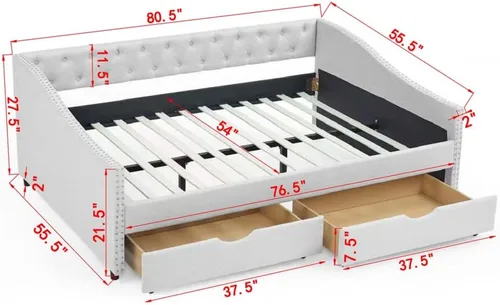 Vista 2 de Sofá cama tapizado de tamaño matrimonial con 2 cajones de almacenamiento, sofá cama con botones y brazos para uñas, color beige Completamente beige