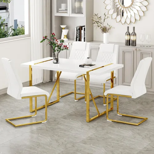 Vista 33 de Juego de mesa de comedor moderna de 55 pulgadas para 4, mesa de comedor negra y marco de metal dorado, mesa de comedor rectangular con 4 sillas