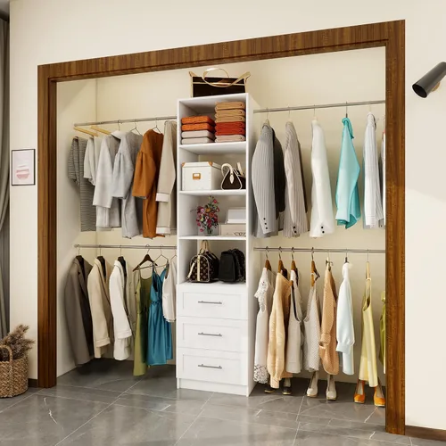 Vista 8 de Sistema de armario, sistema de organizador de armario de 5 pies a 8 pies con 3 cajones de madera, organizador de armario de 99 pulgadas
